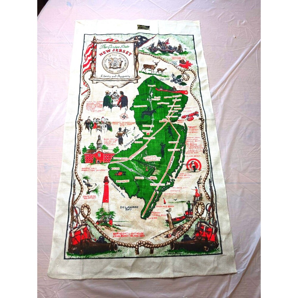 NWT Vintage New Jersey Map Linen Kitchen Tea Towels Kay Dee Hand Prints 30X 17